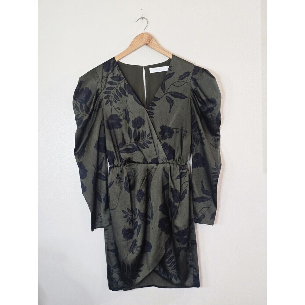 ASTR The Label Jocelyn Green Olive Floral Mini Dress Small Puff Sleeve V Neck - Picture 2 of 12